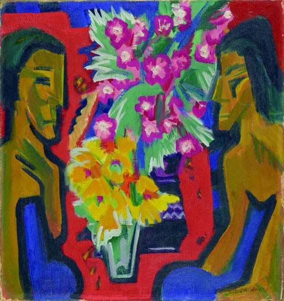 Ernst Ludwig Kirchner Stilleben mit zwei Holzfiguren und Blumen oil painting image